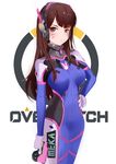  absurdres bad_id bad_pixiv_id blush bodysuit breasts brown_eyes brown_hair closed_mouth copyright_name d.va_(overwatch) gloves gun hand_on_hip headset highres holding holding_gun holding_weapon large_breasts long_hair looking_at_viewer misaka_(2394428643) overwatch overwatch_(logo) solo weapon white_gloves 