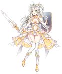  armor blush breasts cleavage elbow_gloves eyebrows_visible_through_hair full_body garter_straps gloves holding holding_shield holding_sword holding_weapon large_breasts long_hair looking_at_viewer open_mouth original pingo shield silver_hair solo sword thighhighs weapon white_gloves white_legwear 