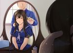  1girl black_hair blue_dress blue_ribbon blurry breasts brown_eyes commentary couple depth_of_field dress faceless faceless_male green_ribbon hair_brush hair_brushing hetero highres holding holding_hair iowa_(pacific) jewelry kantai_collection long_hair looking_at_mirror medium_breasts melisaongmiqin mirror mole mole_under_eye multicolored multicolored_ribbon necklace no_hat no_headwear pacific puffy_short_sleeves puffy_sleeves red_hair red_ribbon ribbon sad sailor_dress short_sleeves smile star star_necklace tissue_box v_arms 