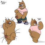  2017 anthro balls bear belly blush brandon_(ok_k.o.) butt clothed clothing dialogue digital_media_(artwork) english_text erection fur hi_res humanoid_penis looking_at_viewer looking_back mabit male mammal nude ok_k.o. penis simple_background slightly_chubby smile solo text white_background 