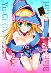  absurdres bare_shoulders blonde_hair blue_footwear blush blush_stickers boots breasts card choker cleavage dark_magician_girl duel_monster girls_century green_eyes hat highres large_breasts long_hair pentacle smile solo wizard_hat yuu-gi-ou yuu-gi-ou_duel_monsters 