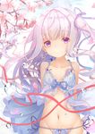  blue_ribbon blush breasts cleavage closed_mouth collarbone earrings eyebrows_visible_through_hair gotou_jun hair_ribbon highres jewelry long_hair looking_at_viewer medium_breasts navel purple_eyes ribbon silver_hair smile solo tatapopo tenshi_no_3p! twintails water_drop 