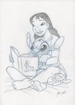  2011 4_toes 5_toes avian barefoot bird book briannacherrygarcia claws clothed clothing crossed_legs disney duck duckling duo hair head_tuft heartwarming holding_book holding_object lilo_and_stitch long_hair nani_pelekai notched_ear plushie reading reptile scalie shirt shorts signature simple_background sitting sketch smile stitch the_ugly_duckling toe_claws toes traditional_media_(artwork) tuft turtle white_background 