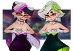 2girls aori_(splatoon) areola_slip areolae breasts cheshikk domino_mask earrings fangs heart-shaped_boob_challenge highres hotaru_(splatoon) inkling jewelry looking_at_viewer mask mole mole_under_eye multiple_girls open_mouth pantyhose pointy_ears simple_background small_breasts splatoon_(series) splatoon_2 symbol-shaped_pupils tentacle_hair 