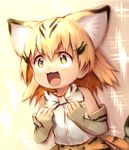  1girl :3 :d absurdres animal_ears bare_shoulders blonde_hair bow bowtie cat_ears clenched_hands commentary derivative_work elbow_gloves excited extra_ears gloves highres kemono_friends open_mouth sand_cat_(kemono_friends) sand_cat_print shirt short_hair sleeveless sleeveless_shirt smile solo sparkle star star-shaped_pupils sukemyon symbol-shaped_pupils upper_body v-shaped_eyebrows white_shirt yellow_eyes 