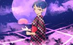  :3 alternate_costume alternate_hairstyle blue_eyes blue_hair doremy_sweet dream_soul full_moon hair_bun headwear_removed japanese_clothes kimono looking_at_viewer meimaru_inuchiyo moon obi purple sash smile solo touhou yukata 