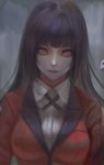  1girl black_hair blazer blunt_bangs commentary_request dark fufu highres hime_cut hyakkaou_academy_school_uniform jabami_yumeko jacket kakegurui lips long_hair looking_at_viewer photoshop_(medium) red_eyes school_uniform solo upper_body very_long_hair 