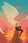  angel_wings bangs black_pants closed_mouth cloud cloudy_sky commentary feathered_wings from_side gradient_sky highres kosaka64 looking_at_viewer male_focus nagisa_kaworu neon_genesis_evangelion outdoors pants profile red_eyes shirt shoes silver_hair sitting sky smile solo sunset white_footwear white_shirt wings 