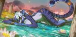 accessory amber_eyes anthro blue_body blue_fur blue_hair bodily_fluids bracelet breasts cleavage clothed clothing column convenient_censorship ear_piercing felid female flower fur furgonomics furry_specific_accessory hair hair_accessory hairpin hi_res jewelry mammal margit_upfarvis_(grimsound99) mashiro_sssinohu nude pantherine piercing plant ponytail solo striped_body striped_fur stripes tail tail_accessory tail_jewelry tears tiger water water_lily white_hair