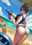  absurdres alternate_hair_color ass bad_anatomy beach black-framed_eyewear blue_eyes day dutch_angle from_behind glasses hair_bun hair_ornament hair_stick highres lips looking_back mei_(overwatch) overwatch purple_hair solo summer swimsuit tankini water_gun weiyou_xie 