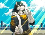anthro arm_scar artist_name black_body black_clothing black_fur black_shirt black_topwear canid canine canis cigarette city city_background clothing cloud fur jacket kuulongarl light light_beam looking_at_another male mammal muscular muscular_anthro muscular_male scar shirt sky_background solo sunbeam sunlight topwear white_body white_clothing white_fur white_jacket white_topwear wolf yellow_eyes zerock_(kuulongarl)
