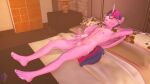 3d_(artwork) absurd_res anthro balls bed bedroom blush bodily_fluids crossgender digital_media_(artwork) equid equine erection eyewear eyewear_only feet friendship_is_magic ftm_crossgender furniture genital_fluids genitals glasses glasses_only hair hasbro hi_res horn humanoid_feet lying male mammal masturbation my_little_pony mythological_creature mythological_equine mythology nude on_back on_bed penis plantigrade precum purple_body purple_hair purple_tail solo tail twilight_sparkle_(mlp) unie wearing_glasses winged_unicorn wings