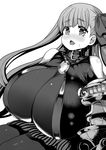  blush breasts commentary_request fate/extra fate/extra_ccc fate_(series) gauntlets gigantic_breasts greyscale hair_ribbon long_hair looking_at_viewer monochrome open_mouth passion_lip ribbon solo sweat yukinojou_yakan 