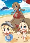 @_@ alternate_costume beach bikini bismarck_(kantai_collection) blonde_hair blue_eyes blue_sky breasts cleavage cloud commentary_request crab crown day halter_top halterneck hat highres i-58_(kantai_collection) innertube kantai_collection large_breasts long_hair military_hat mini_crown multiple_girls navel ocean outdoors pokasu prinz_eugen_(kantai_collection) ro-500_(kantai_collection) sand sky sweatdrop swimsuit taigei_(kantai_collection) u-511_(kantai_collection) warspite_(kantai_collection) water whale younger 