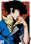  1boy black_hair black_necktie blue_suit border brown_eyes cigar cowboy_bebop from_side highres holding holding_cigar male_focus medium_hair necktie shirt smoking spike_spiegel suit upper_body yamayoshi yellow_shirt 