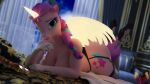 16:9 3d_(artwork) 4k absurd_res anthro bed blue_eyes braided_hair braided_ponytail breasts butt clothing cutie_mark digital_media_(artwork) ear_piercing equid equine ethereal_horn ethereal_wings female footwear furniture hair hasbro hi_res high_heels horn legwear looking_at_viewer loveslove mammal mlp_g5 my_little_pony mythological_creature mythological_equine mythology on_bed orange_body piercing ponytail purple_hair ring shoes solo stockings sunny_starscout_(mlp) widescreen window winged_unicorn wings