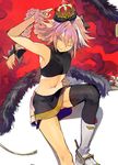  ;) androgynous astolfo_(fate) bangs black_bow black_legwear black_skirt bow braid cloak closed_mouth commentary_request crop_top crown fang fate/apocrypha fate/grand_order fate_(series) fur_trim garter_straps hair_between_eyes hair_bow hair_intakes hair_ribbon knee_up long_hair looking_at_viewer male_focus midriff navel nozaki_tsubata one_eye_closed pink_hair purple_eyes ribbon sidelocks single_braid single_thighhigh sitting skirt sleeveless smile solo thighhighs tsurime 