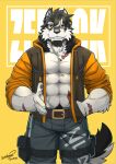 2018 abs anthro artist_name black_body black_bottomwear black_clothing black_fur black_pants bottomwear canid canine canis clothing facial_hair fur hair jacket kuulongarl looking_at_viewer male mammal multicolored_body multicolored_fur multicolored_hair orange_clothing orange_jacket orange_topwear pants pecs pubes scar scars_all_over smile solo topwear wolf yellow_eyes zerock_(kuulongarl)