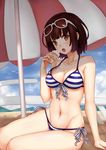  absurdres arm_support bangs beach_umbrella bikini blue_bikini breasts brown_eyes brown_hair eyewear_on_head food front-tie_top gyakushuu_no_hoshiumi highres ice_cream katou_megumi looking_at_viewer md5_mismatch medium_breasts open_mouth saenai_heroine_no_sodatekata short_hair side-tie_bikini sitting solo striped striped_bikini sunglasses swimsuit umbrella yokozuwari 