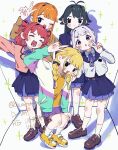  5girls :o ;d ^_^ antenna_hair blue_overskirt blue_ribbon blue_skirt blunt_bangs blush braid brown_footwear closed_eyes commentary_request double_v fang fujita_kotone full_body gakuen_idolmaster hair_ribbon half_up_braid hanami_saki hatsuboshi_gakuen_school_uniform highres idolmaster jacket katsuragi_lilja loafers looking_at_viewer multicolored_clothes multicolored_jacket multiple_girls one_eye_closed ribbon ribbon_braid school_uniform shadow shiun_sumika shoes skin_fang skirt smile sneakers sparkle tsukimura_temari twin_braids twitter_username v warokeru watermark yellow_footwear 