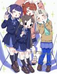  >o< 4girls :o ^_^ arms_up black_hair blazer blonde_hair blue-skinned_goblin_(konoshige) blue_jacket blue_overskirt blue_pants blunt_ends brown_hair closed_eyes commentary_request double_v flipped_hair full_body gakuen_idolmaster hair_flaps hanami_ume hands_on_own_cheeks hands_on_own_face hataya_misuzu hatsuboshi_gakuen_school_uniform head_tilt heart_arms idolmaster jacket kuramoto_china long_hair looking_at_viewer multiple_girls pants pants_under_skirt purple_hair school_uniform shinosawa_hiro sparkle straight_hair track_pants twitter_username v very_long_hair warokeru watermark 