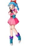  1girl 80s bare_legs braid breasts bulma dragon_ball female looking_at_viewer shoes smile solo 
