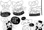  2017 anthro bendy bendy_and_the_ink_machine big_ears bow_tie cat clothed clothing crossover cute damaged_clothing demon dialogue distressed english_text fear feline fully_clothed fur holding_(disambiguation) humor mae_(nitw) mammal monochrome night_in_the_woods parody relief salamikii simple_background smile speech_bubble text video_games white_background 