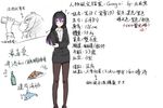  ? ahoge beer_bottle beifeng_han black_hair character_profile chinese closed_eyes commentary_request dolphin drinking formal glowing glowing_eyes hair_between_eyes long_hair miyaura_sanshio multiple_views office_lady original pantyhose partially_colored pencil_skirt profile purple_eyes skirt skirt_suit stats suit translated 