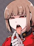  1girl artist_request braid brown_hair drooling fate/grand_order fate_(series) florence_nightingale_(fate/grand_order) gloves hosoi_kozo long_hair long_tongue open_mouth red_eyes saliva shaded_face short_hair single_braid solo tongue tongue_out uniform 