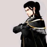  beard black_hair cape capelet crossed_arms facial_hair final_fantasy final_fantasy_xv formal gladiolus_amicitia gloves long_hair machida-machiko male_focus older ponytail scar solo 