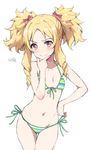  &gt;:) alternate_hairstyle bangs bare_arms bare_shoulders bikini blonde_hair blush bow closed_mouth collarbone commentary cowboy_shot eromanga_sensei flat_chest front-tie_bikini front-tie_top green_ribbon hair_bow hand_on_hip hand_on_own_chin heart highres long_hair navel parted_bangs pink_bow pointy_ears red_eyes ribbon ringlets shiny shiny_hair side-tie_bikini sidelocks smile smug solo standing stomach striped striped_bikini swimsuit tareme thigh_gap tonee twintails v-shaped_eyebrows yamada_elf 