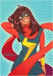  2016 adjusting_hair ahoge artist_name blush bracer brown_eyes brown_hair dark_skin dated domino_mask hand_behind_head head_tilt highres kamala_khan marvel mask medium_hair ms._marvel polka_dot polka_dot_background red_scarf scarf smile solo superhero thar_chandran tumblr_username watermark web_address 