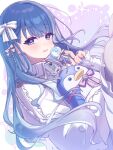  1girl bloom_festival_(project_sekai) blue_hair blunt_bangs bow candy collared_dress commentary dress food hair_bow highres holding holding_candy holding_food holding_lollipop holding_stuffed_toy kiritani_haruka lollipop official_alternate_costume official_alternate_hair_length official_alternate_hairstyle parted_lips project_sekai smile solo stuffed_animal stuffed_penguin stuffed_toy uminokaisen white_bow white_dress 