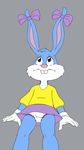  anthro bow buckteeth buster_bunny clothed clothing crossdressing fur gloves lagomorph male mammal panties rabbit shirt simple_background skirt solo standing teeth tiny_toon_adventures underwear upskirt vereta warner_brothers young 