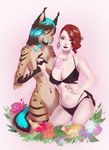  2017 5_fingers anthro ariannafray_pr bra breasts claws clothed clothing duo feline female front_view fur hair human mammal nude panties standing tongue tongue_out underwear 