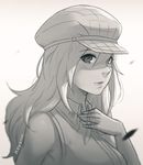  alisa_ilinichina_amiella artist_name bare_shoulders blurry blush cabbie_hat closed_mouth collared_shirt commentary depth_of_field god_eater greyscale hair_between_eyes hand_on_own_chest hat koyorin lips long_hair monochrome shirt simple_background sketch sleeveless sleeveless_shirt smile solo upper_body wing_collar 