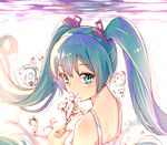  air_bubble aqua_hair bangs blue_eyes bubble commentary_request dress eyebrows_visible_through_hair flower from_side hair_between_eyes hair_ribbon hatsune_miku holding holding_flower long_hair looking_at_viewer md5_mismatch purple_ribbon ribbon sidelocks solo submerged twintails underwater upper_body vocaloid white_dress white_flower yan_(nicknikg) 