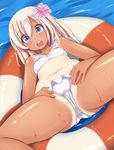  bikini bikini_skirt blonde_hair blue_eyes comord dutch_angle hair_ribbon highres innertube kantai_collection long_hair looking_at_viewer nontraditional_school_swimsuit one-piece_tan ribbon ro-500_(kantai_collection) school_swimsuit solo spread_legs spread_pussy_under_clothes striped striped_ribbon swimsuit tan tanline wet white_bikini 
