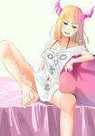  1girl absurdres barefoot bed blonde_hair blush feet hime_cut horns licking_lips long_hair looking_at_viewer one_leg_raised pov ring sitting toes yellow_eyes 
