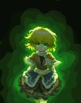  02charaice20 1girl absurdres arms_at_sides backlighting black_skirt black_undershirt blonde_hair blue_overskirt brown_shirt cowboy_shot english_commentary glowing glowing_eyes gradient_background green_background green_eyes green_theme head_tilt highres light_smile looking_at_viewer messy_hair mizuhashi_parsee open_clothes open_shirt patterned pixel_art sash scarf shirt short_sleeves skirt solo straight-on touhou white_sash white_scarf 