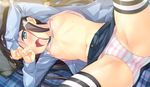  asaka_ushio black_hair blue_eyes cum cum_on_body cum_on_hair erect_nipples long_hair ouchi_ni_kaeru_made_ga_mashimaro_desu pillow skirt small_breasts striped_panties striped_thighhighs 