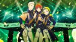  3boys ahoge amagase_touma arm_on_another&#039;s_shoulder black_necktie blonde_hair blue_eyes brown_eyes brown_hair cowboy_shot epaulettes fingernails green_eyes green_hair hair_between_eyes hand_on_own_hip highres idolmaster idolmaster_side-m ijuuin_hokuto jupiter_(idolmaster) long_sleeves looking_at_viewer mitarai_shouta multiple_boys necktie official_art pants smile stage_lights teeth white_pants 