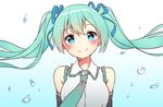  blue_eyes blue_hair blue_neckwear blue_ribbon blush closed_mouth detached_sleeves eyebrows_visible_through_hair hair_ribbon hatsune_miku hey_xander long_hair looking_at_viewer necktie ribbon smile solo twintails upper_body vocaloid 