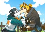 2019 anthro arksel_(kuulongarl) black_body black_clothing black_fur black_shirt black_topwear blonde_hair blush brown_body brown_fur canid canine canis clothing cloud duo eyes_closed fur hair kissing kuulongarl male male/male mammal muscular muscular_anthro muscular_male shirt topwear white_body white_clothing white_fur white_shirt white_topwear wolf