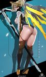  artist_name ass back blonde_hair blue_eyes bodysuit boots breasts from_behind full_body grandialee high_heel_boots high_heels highres large_breasts long_hair looking_at_viewer looking_back mechanical_halo mechanical_wings mercy_(overwatch) overwatch ponytail shadow solo staff standing thong torn_bodysuit torn_clothes underwear weapon wings 