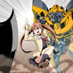  1girl aho_girl autobot banana blue_eyes brown_eyes brown_hair bumblebee commentary_request crossover emphasis_lines eyebrows_visible_through_hair food fruit hair_ornament hairclip hanabatake_yoshiko insignia kamizono_(spookyhouse) long_hair machine machinery mecha open_mouth rectangular_mouth robot school_uniform simple_background skirt standing sword thighhighs transformers twintails weapon 