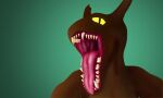 5:3 ambiguous_gender anthro brown_body green_background hi_res mouth_shot open_mouth prey_pov rain_world scavenger_(rain_world) scorchythescavenger sharp_teeth simple_background solo teeth videocult vore yellow_eyes