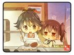  :d artist_name black_eyes black_hair bow bowl brown_eyes brown_hair chibi commentary hair_between_eyes highres holding holding_bowl houshou_(kantai_collection) japanese_clothes kaga_(kantai_collection) kantai_collection kimono ladle long_hair multiple_girls open_mouth pink_kimono ponytail short_hair side_ponytail smile taisa_(kari) tasuki triangle_mouth 