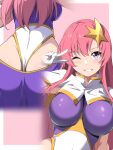  1girl ;d absurdres ass borgbutler breasts commentary_request cropped_legs gloves grin gundam gundam_seed gundam_seed_destiny hair_ornament highleg highleg_leotard highres impossible_clothes impossible_leotard large_breasts leotard long_hair meer_campbell multicolored_leotard multiple_views one_eye_closed pink_background pink_hair purple_eyes shrug_(clothing) sidelocks simple_background smile standing star_(symbol) star_hair_ornament v v_over_eye white_gloves white_shrug 