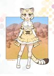  animal_ears bare_shoulders blonde_hair blush bow bowtie cat_ears cat_tail commentary_request elbow_gloves eyebrows_visible_through_hair gloves highres kemono_friends multicolored_hair open_mouth sand_cat_(kemono_friends) sand_cat_print shirt short_hair skirt sleeveless solo striped_tail tail umigarasu_(kitsune1963) yellow_eyes 